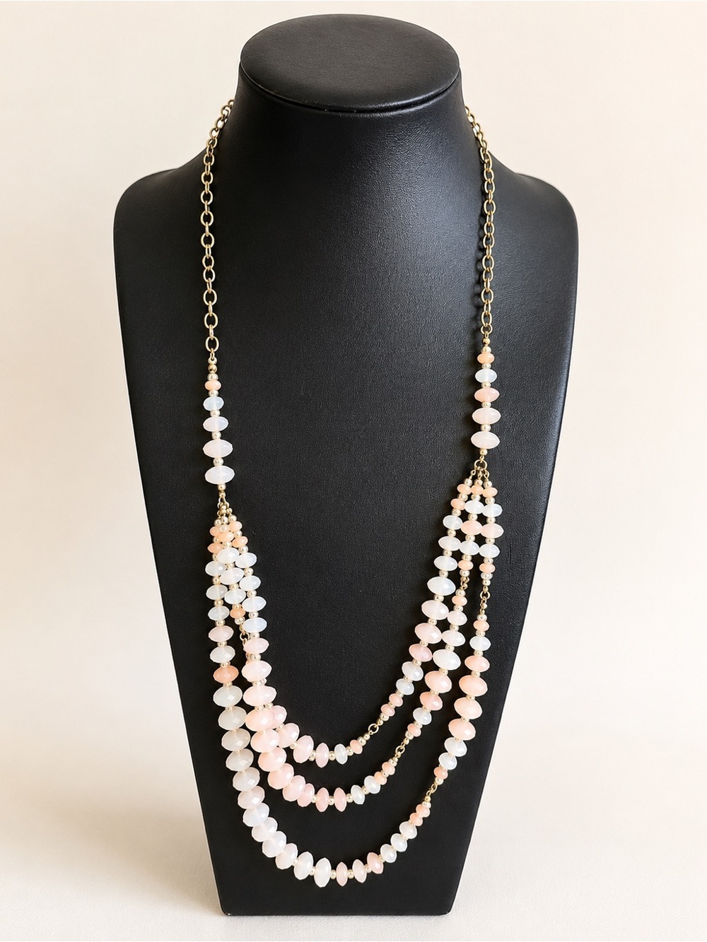 Source Unknown Pink and White Three-Strand Beaded Necklace with Gold Chain